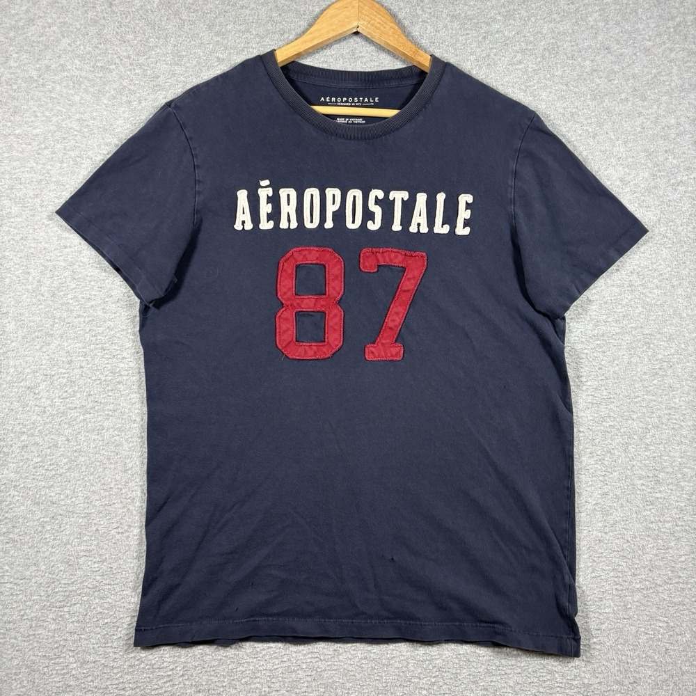 Aeropostale Shirt Mens Large Navy Blue 87 Graphic Tee Applique Short Sleeve Y2K
